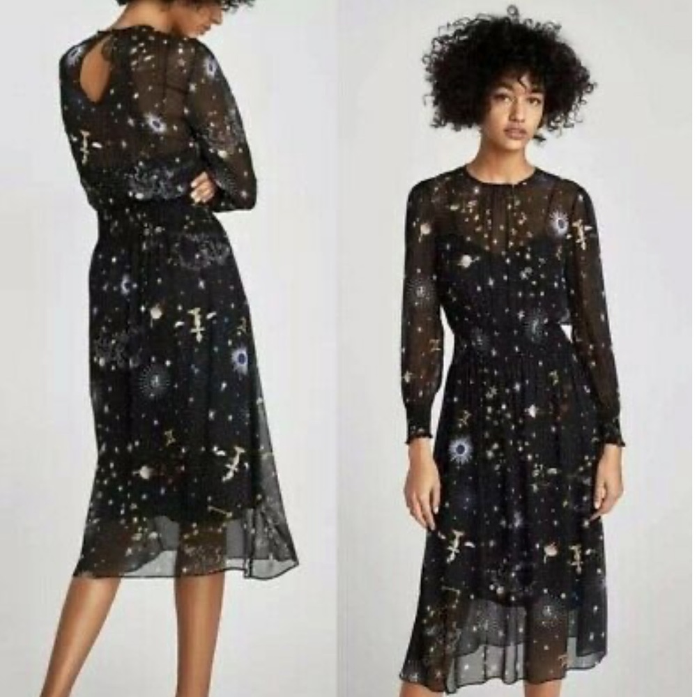 RARE Zara Astrology Midi Dress long sleeve navy dress unlined smocked sleeves